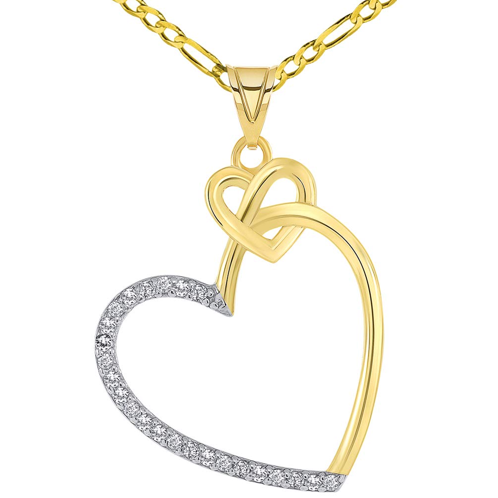 14k Yellow Gold Cubic Zirconia Fancy and Elegant Interlocking Double Heart Pendant with Figaro Chain Necklace