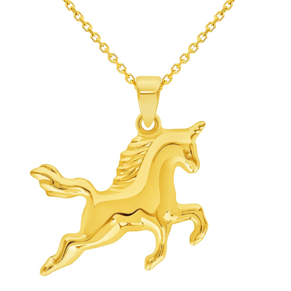 14k Yellow Gold 3D Unicorn Charm Magical Horse Pendant with Rolo Cable Chain Necklace