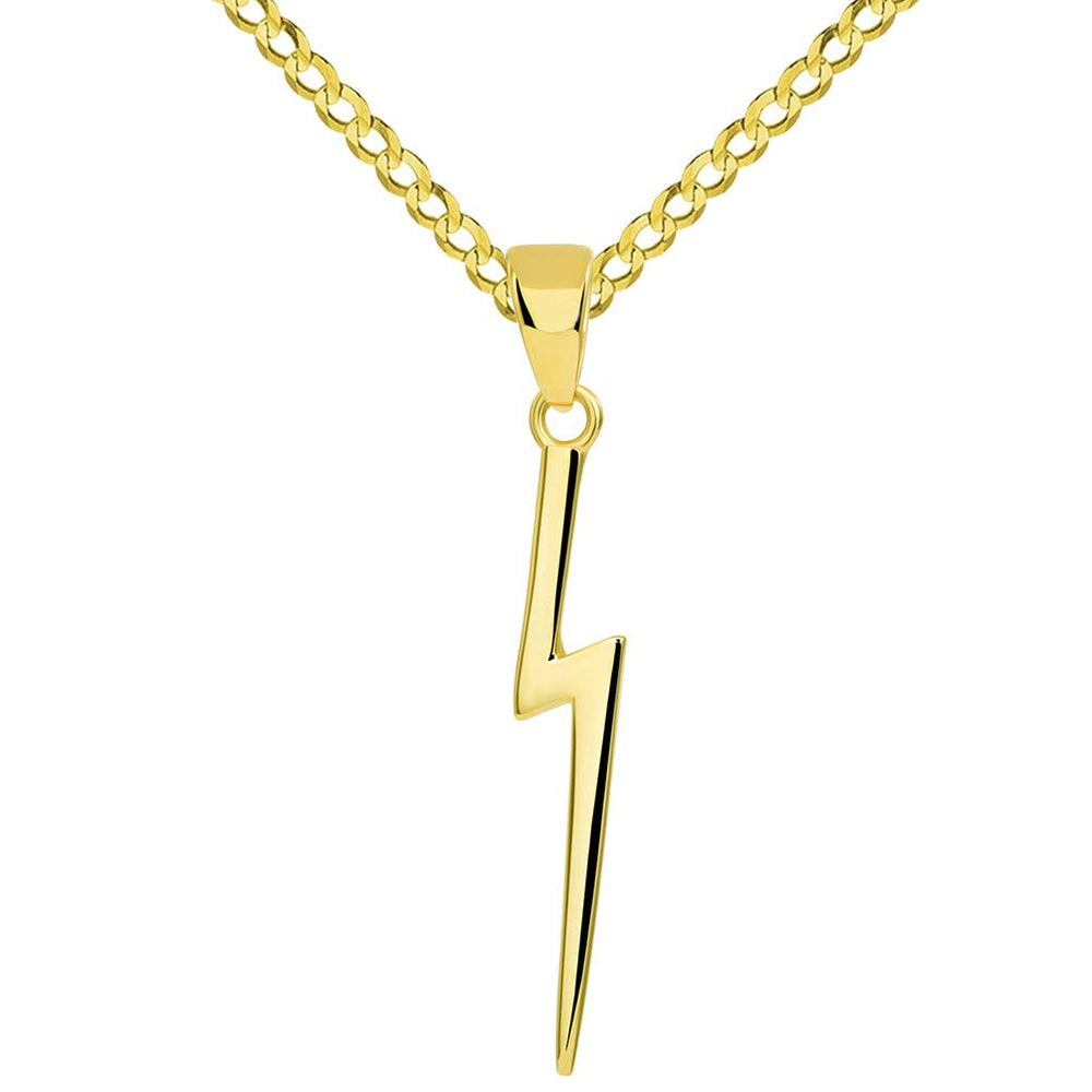 Solid 14k Gold Lightning Bolt Pendant with Cuban Chain Necklace - Yellow Gold