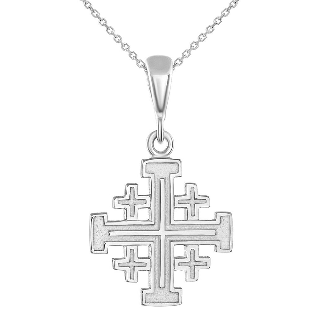 Solid 14K Gold Crusaders Jerusalem Cross Pendant Necklace - White Gold