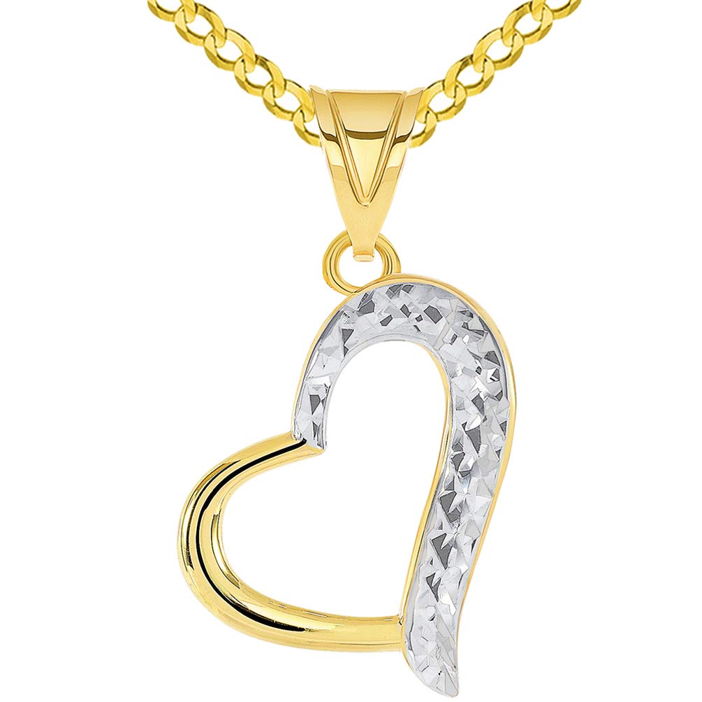 14k Yellow Gold High Polished and Sparkle Cut Two-Tone Curved Open Heart Pendant Cuban Chain Necklace