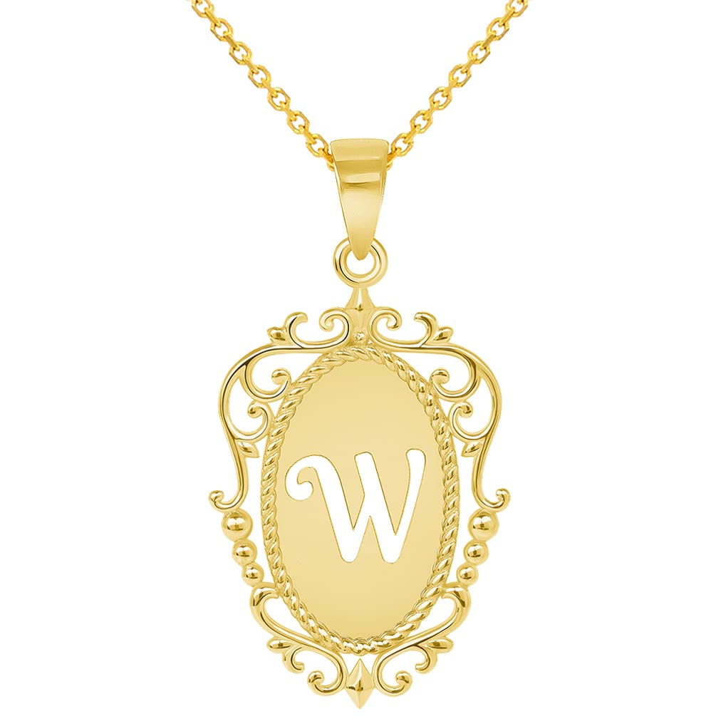 14k Yellow Gold Elegant Filigree Oval Uppercase Initial W Script Letter  Plate Pendant with Cable, Curb, or Figaro Chain Necklaces