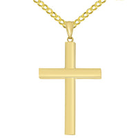 Load image into Gallery viewer, 14k Yellow Gold Religious Plain Hollow Square Tube Cross Pendant with Curb Chain Necklace
