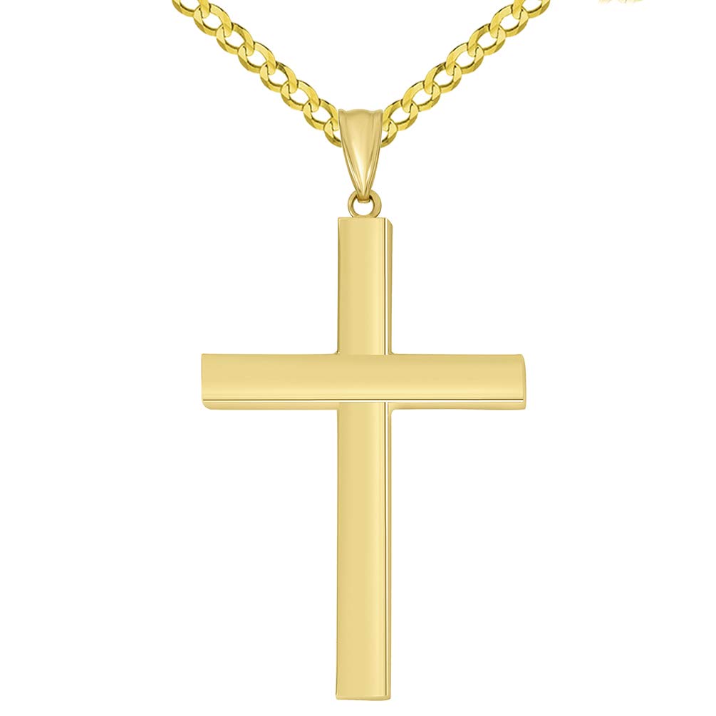14k Yellow Gold Religious Plain Hollow Square Tube Cross Pendant with Curb Chain Necklace