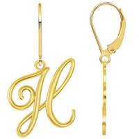 Load image into Gallery viewer, Solid 14k Yellow Gold Elegant Script Letter Cursive Initial Dangle Drop Earrings with Leverback - A to Z
