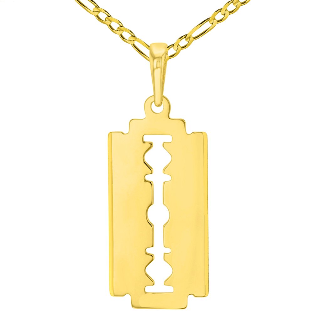 Solid 14K Yellow Gold Sharp Edged Razor Blade Pendant with Figaro Chain Necklace