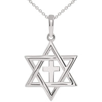 Load image into Gallery viewer, 14k White Gold Jewish Star of David with Religious Cross Judeo Christian Pendant Necklace
