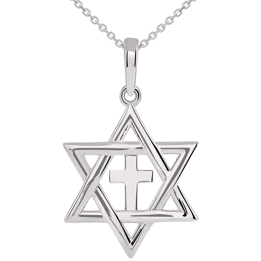 14k White Gold Jewish Star of David with Religious Cross Judeo Christian Pendant Necklace