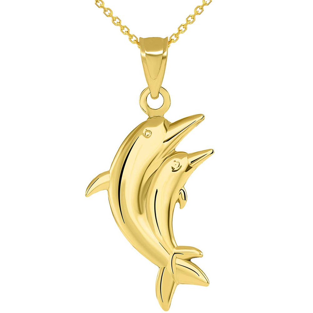 14k Yellow Gold 3D Two Dolphins Jumping Together Vertical Pendant Necklace