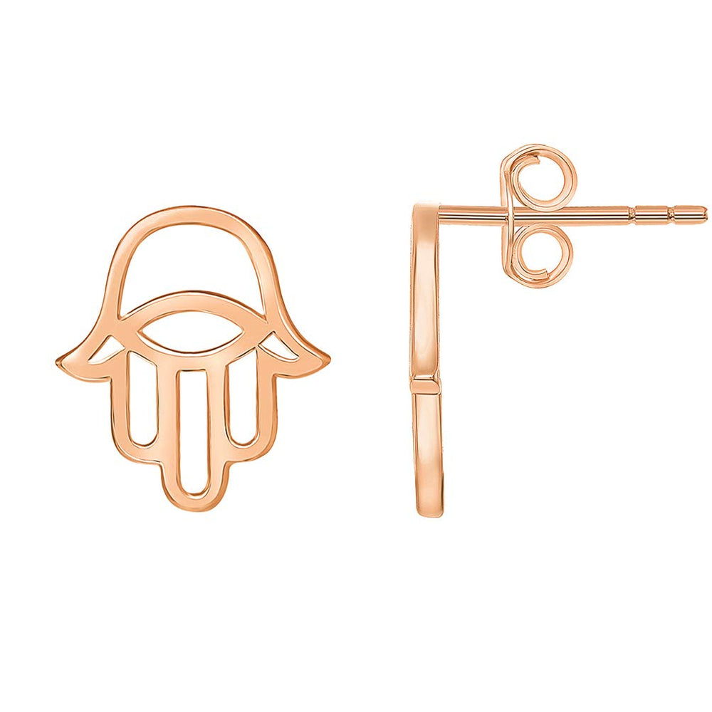 14k Rose Gold Hamsa Hand of Fatima with Evil Eye Stud Earrings with Friction Back