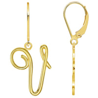 Load image into Gallery viewer, Solid 14k Yellow Gold Elegant Script Letter Cursive Initial Dangle Drop Earrings with Leverback - A to Z
