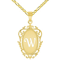 Load image into Gallery viewer, 14k Yellow Gold Elegant Filigree Oval Uppercase Initial W Script Letter Plate Pendant with Figaro Chain Necklace
