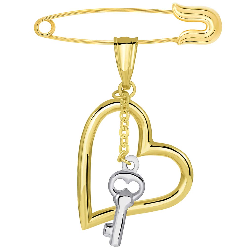 14k Two Tone Gold Open Heart Pendant Dangling Love Key Charm with Safety Pin Brooch
