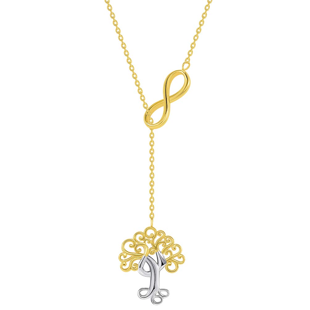 Solid 14K Yellow Gold Tree of Life with Infinity Sign Pendant Lariant Adjustable Choker Necklace
