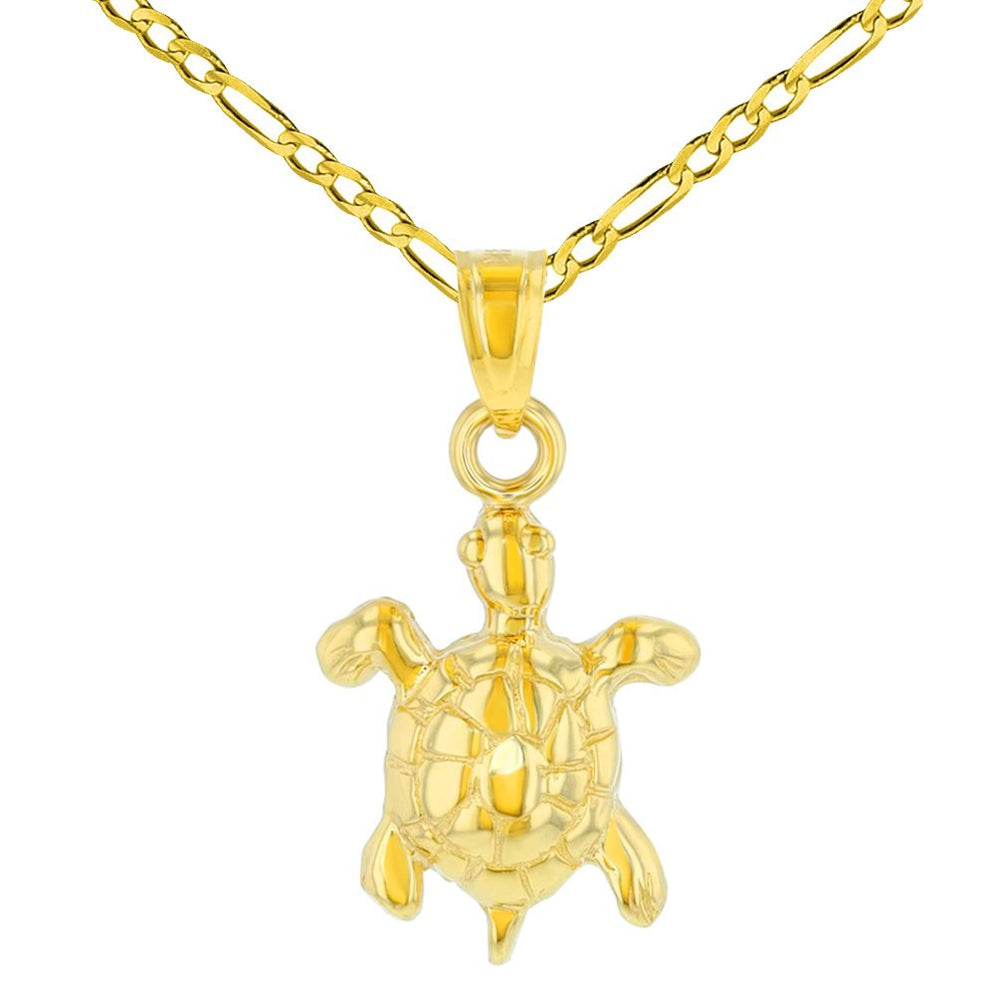 14K Yellow Gold Polished Good Luck Turtle Charm Animal Pendant Figaro Chain Necklace