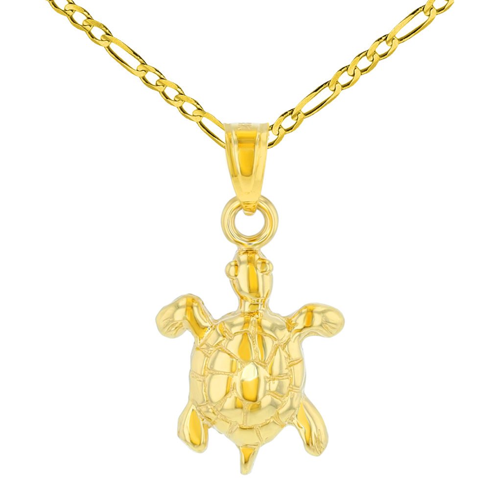 14K Yellow Gold Polished Good Luck Turtle Charm Animal Pendant Figaro Chain Necklace