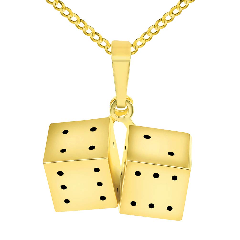 14k Yellow Gold 3D Set of Classic Dice Charm Good Luck Pendant with Curb Chain Necklace