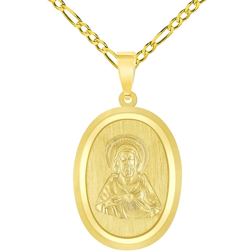 14k Yellow Gold Sacred Heart of Jesus Christ On Oval Miraculous Medal Pendant with Figaro Chain Necklace