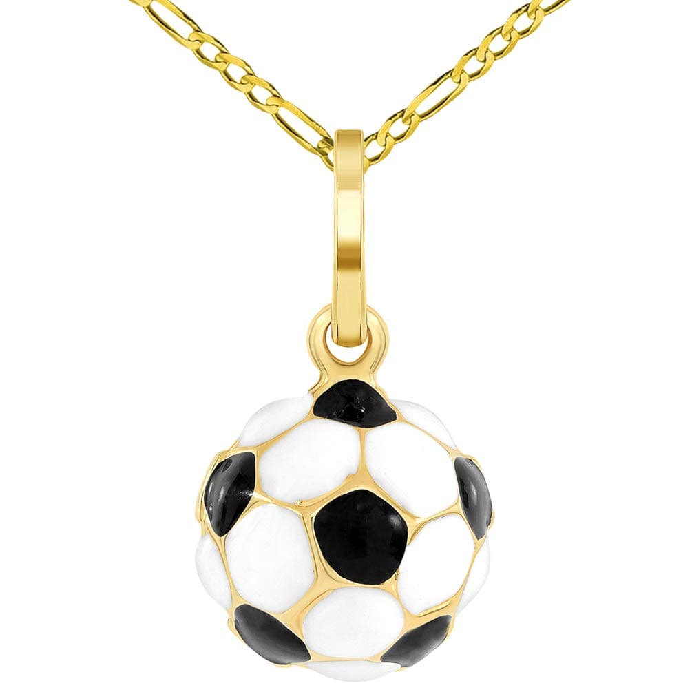 Black and White Enameled 3D Classic Soccer Ball Charm Pendant with Figaro Chain Necklace