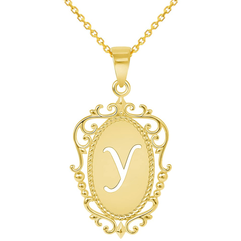 14k Yellow Gold Elegant Filigree Oval Uppercase Initial Y Script Letter Plate Pendant with Cable Chain Necklace