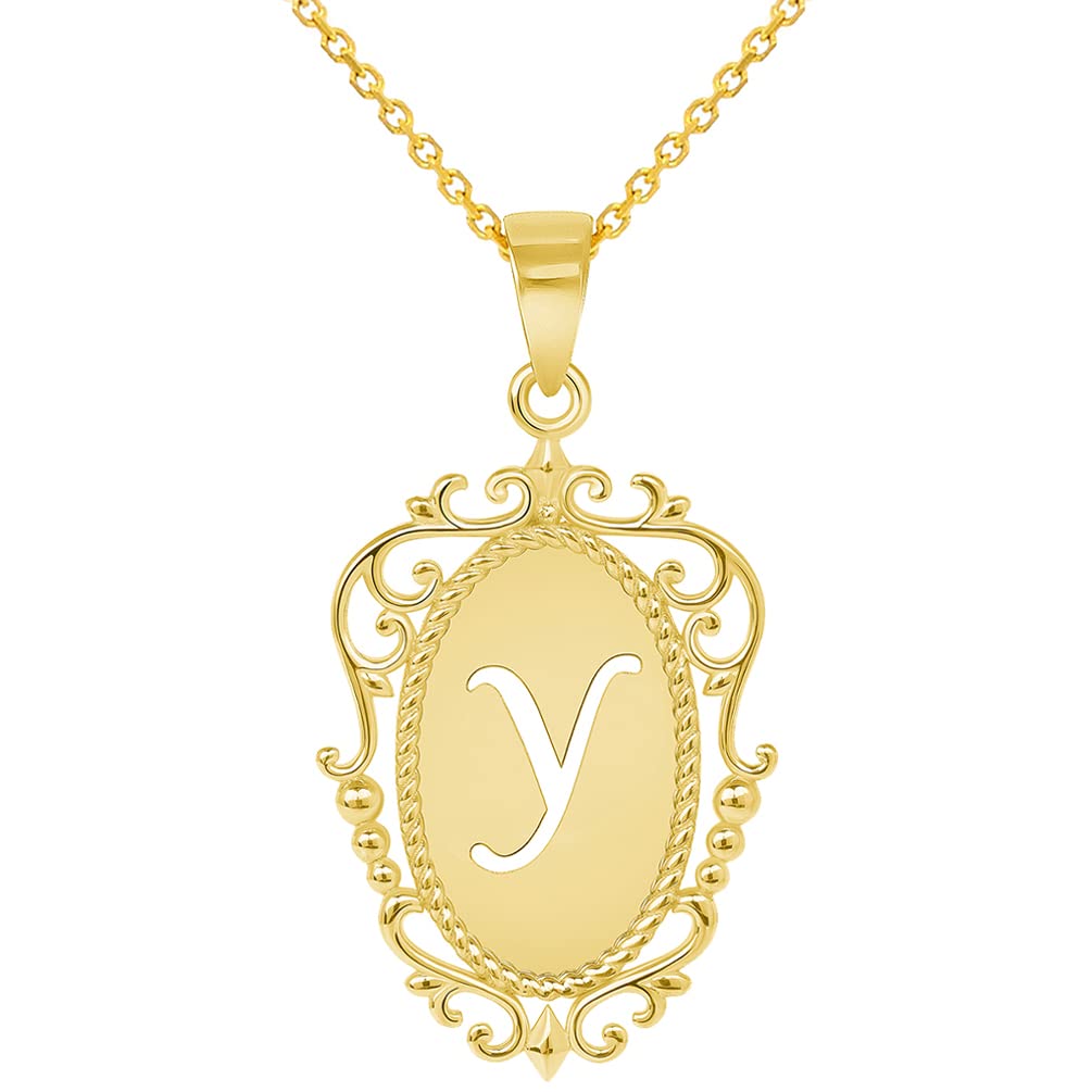 14k Yellow Gold Elegant Filigree Oval Uppercase Initial Y Script Letter Plate Pendant with Cable Chain Necklace