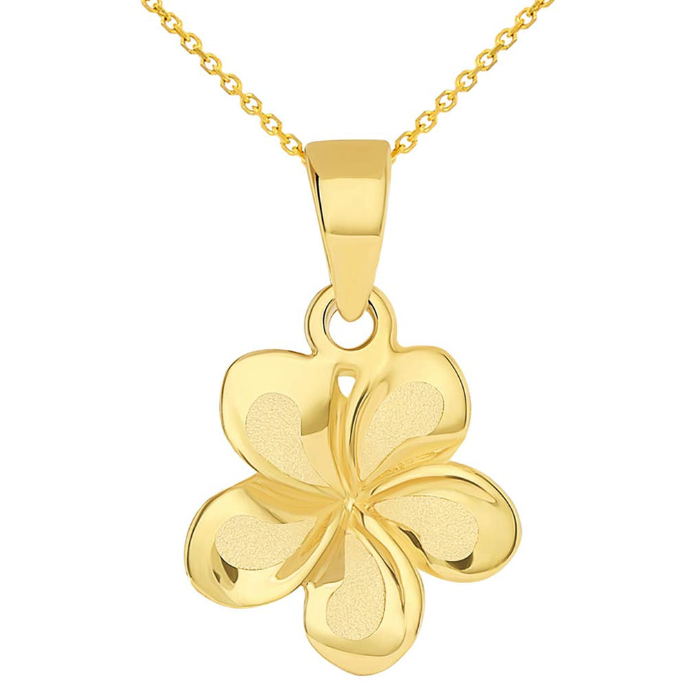 14k Yellow Gold High Polished Small Hawaiian Plumeria Flower Charm Pendant Necklace