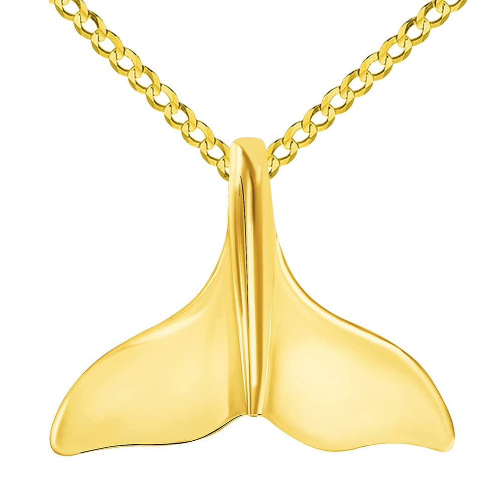 Solid 14k Yellow Gold Classic Dolphin Tail Fin Pendant with Cuban Curb Chain Necklace