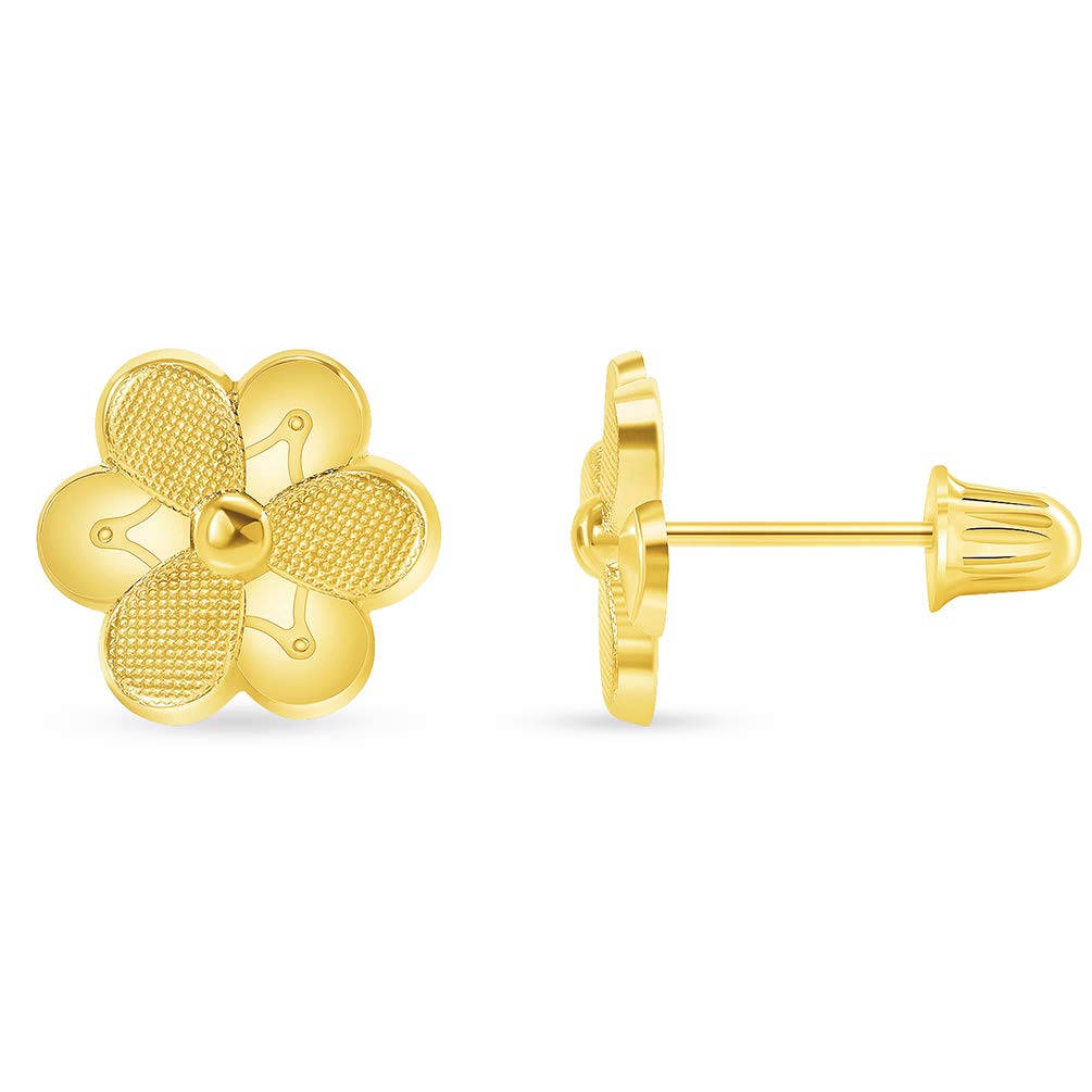14k Yellow Gold Polished and Textured Daisy Flower Stud Earrings with Screw Back