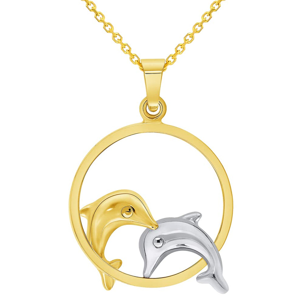 14k Yellow and White Gold Two Dolphins Jumping Through Hoop Pendant Necklace