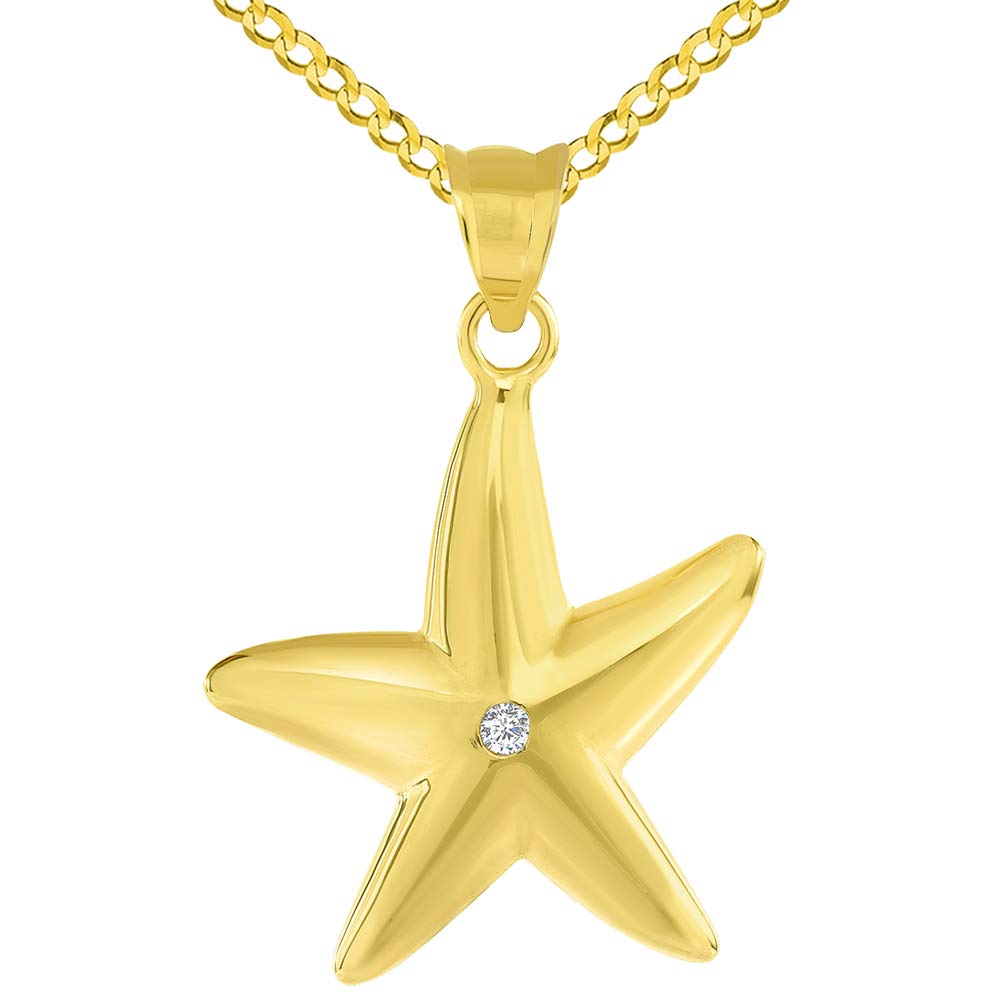 14k Yellow Gold High Polish Cubic Zirconia Studded Starfish Pendant with Curb Chain Necklace