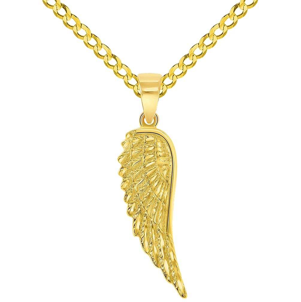 Solid 14k Gold Textured Angel Wing Charm Pendant with Cuban Curb Chain Necklace - Yellow Gold