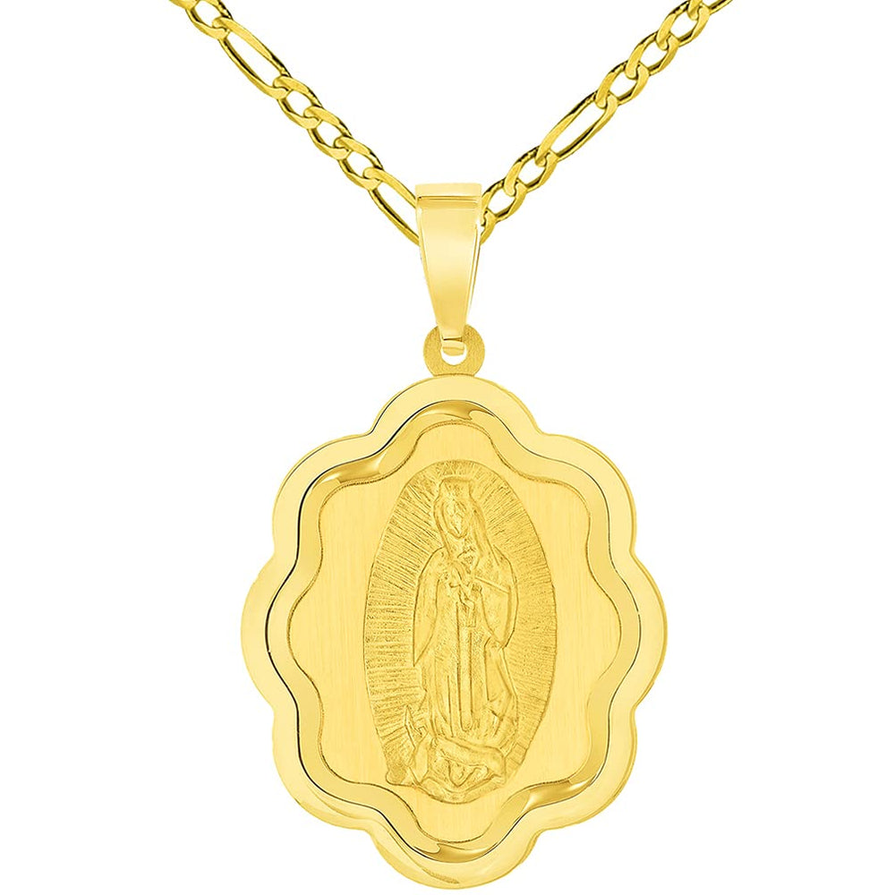 14k Yellow Gold Elegant Miraculous Medal of Our Lady of Guadalupe Pendant with Figaro Chain Necklace
