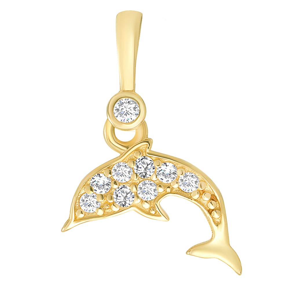 Solid 14K Yellow Gold Dainty Dolphin Charm Sea Life Pendant with Cubic Zirconia