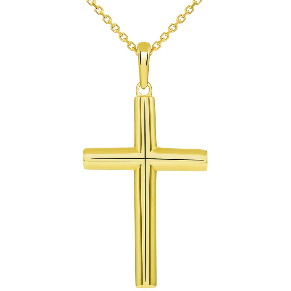 Solid 14k Yellow Gold Rounded Edge Simple Christian Cross Pendant Necklace