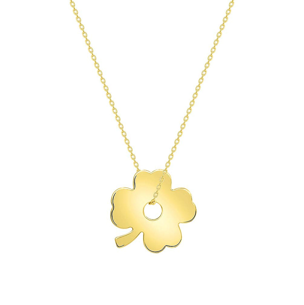Solid 14k Yellow Gold Polished Lucky Four Leaf Clover Necklace with Lobster Claw Clasp