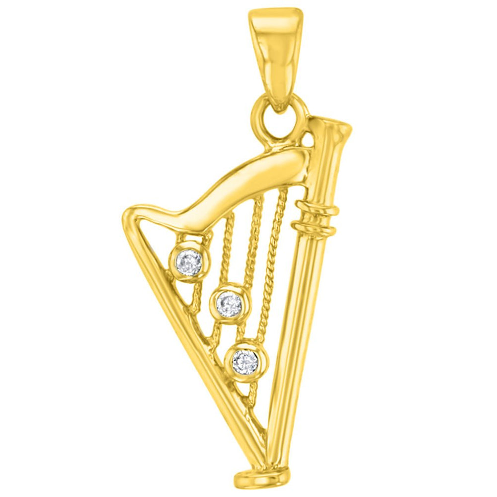 Solid 14K Gold CZ Harp Charm Musical Instrument Pendant - Yellow Gold