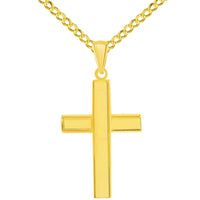 Load image into Gallery viewer, 14k Yellow Gold High Polished Plain Religious Cross Pendant with Cuban Curb Chain Necklace
