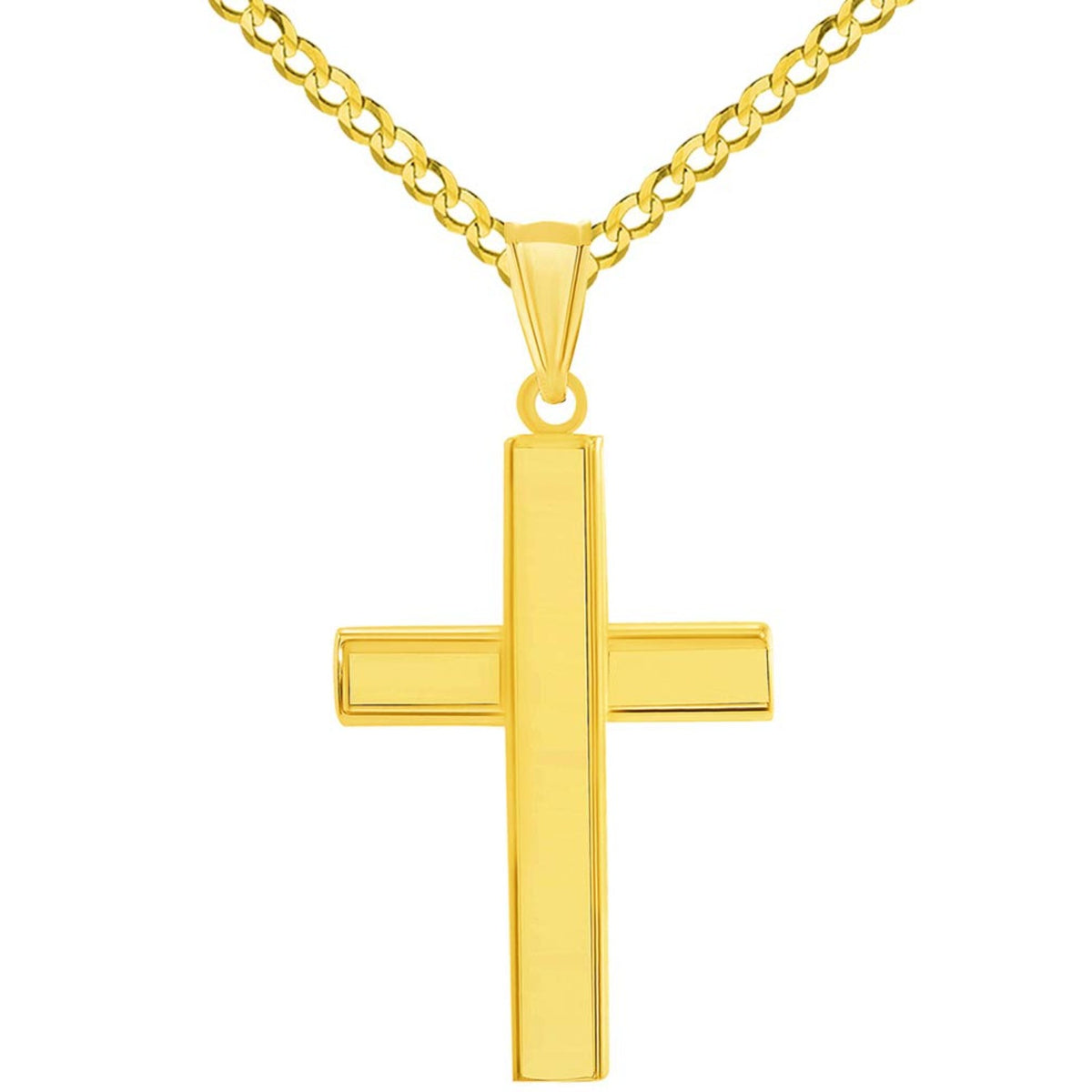 14k Yellow Gold High Polished Plain Religious Cross Pendant with Cuban Curb Chain Necklace