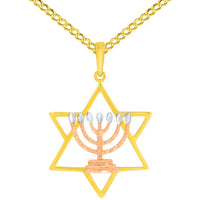 Load image into Gallery viewer, 14K Yellow Gold &amp; Rose Gold Jewish Star of David with Menorah Pendant Necklace
