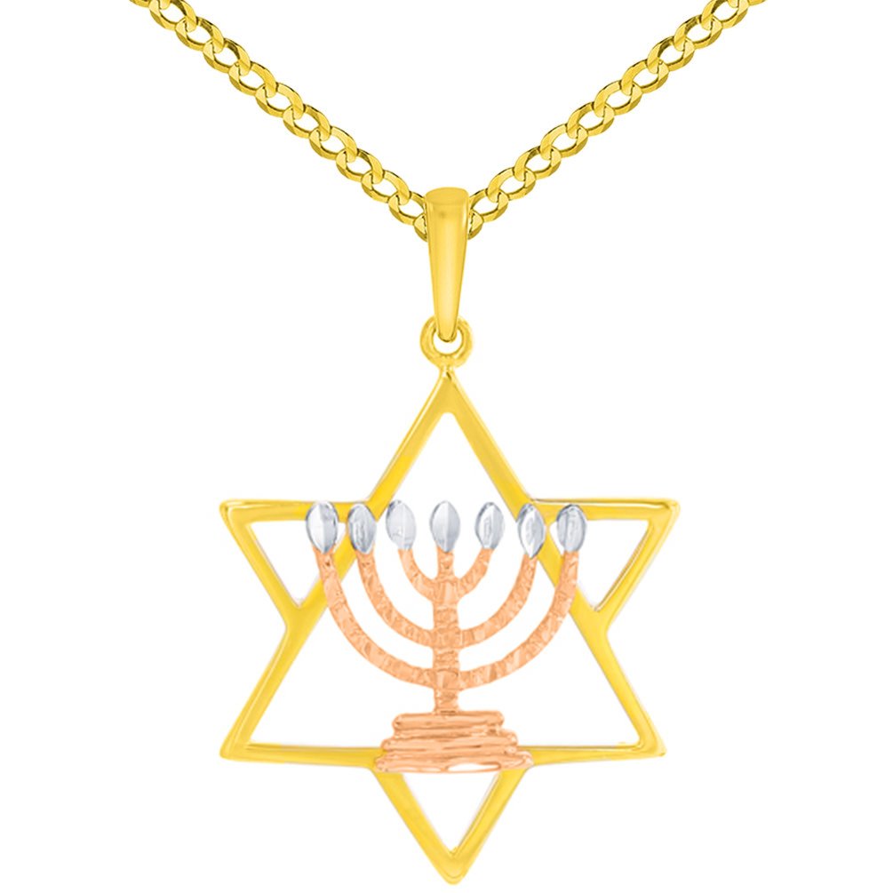 14K Yellow Gold & Rose Gold Jewish Star of David with Menorah Pendant Necklace