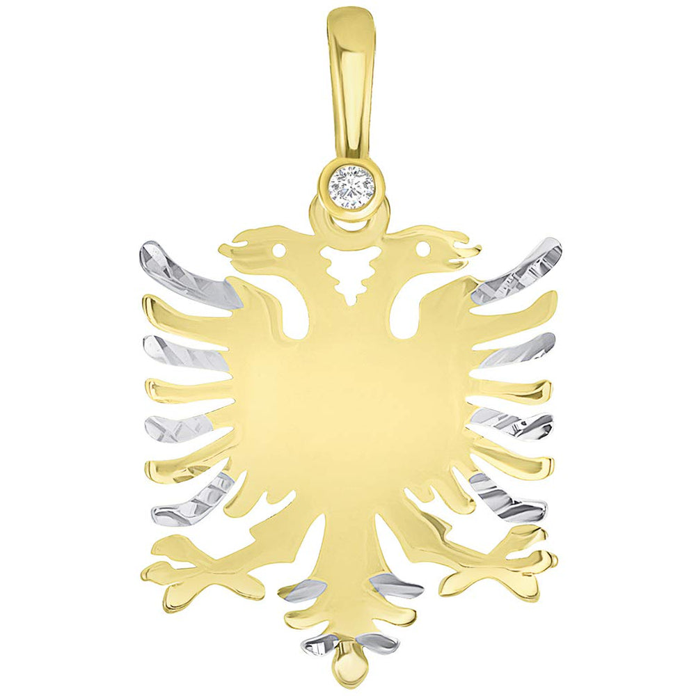 Solid 14k Yellow Gold Cubic-Zirconia Double-Headed Eagle National Symbol of Albania Pendant