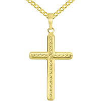 Load image into Gallery viewer, 14k Yellow Gold Textured Religious Classic Cross Pendant Necklace Available with Curb Chain
