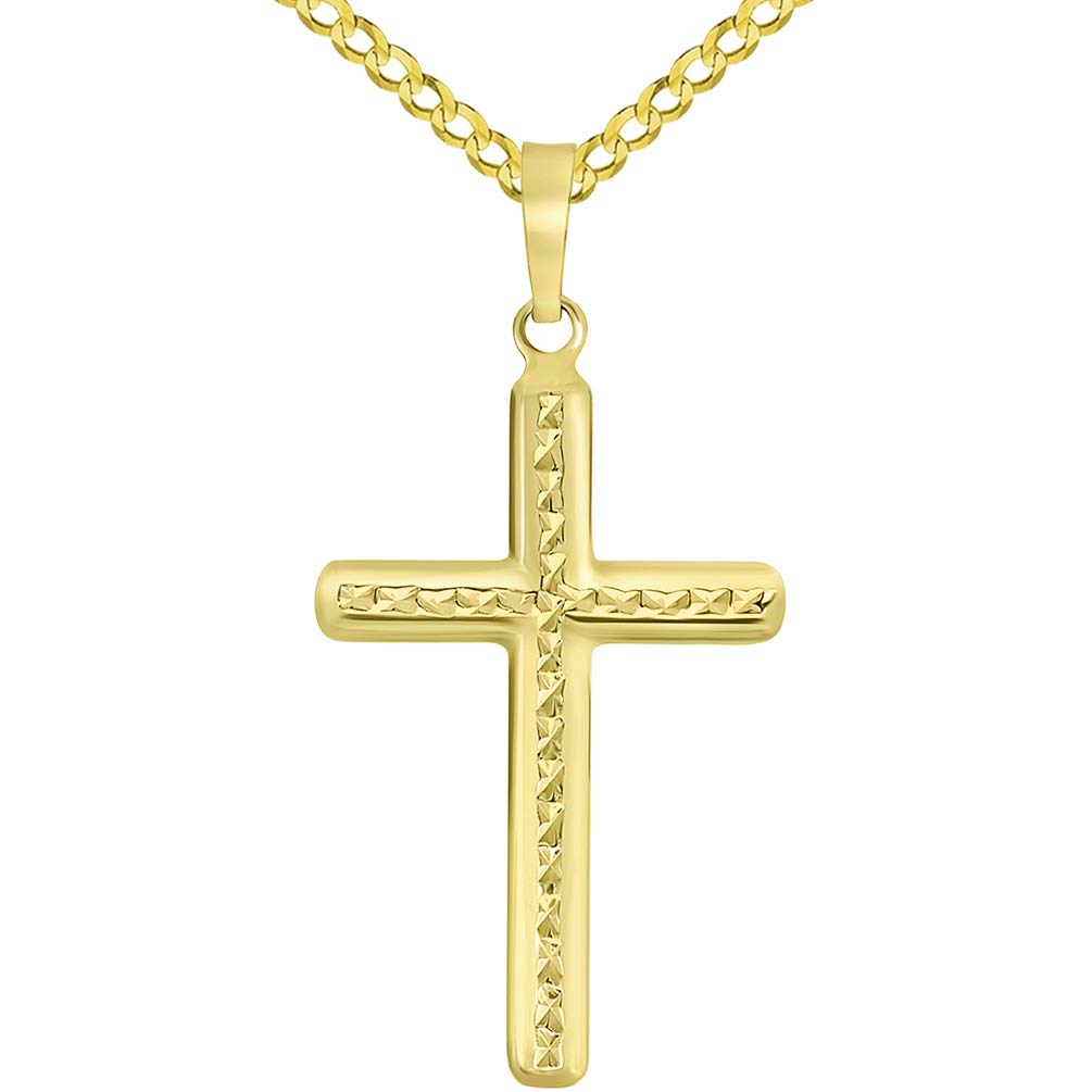 14k Yellow Gold Textured Religious Classic Cross Pendant Necklace Available with Curb Chain