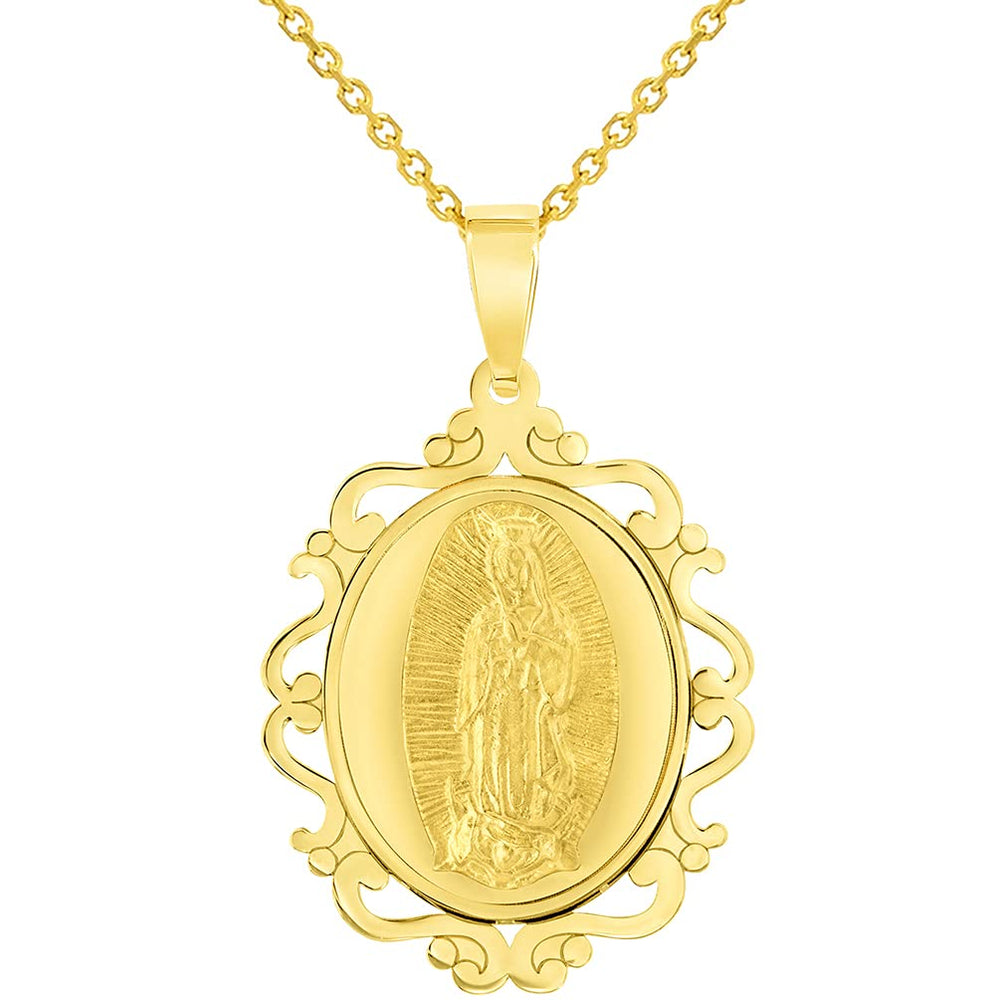 14k Yellow Gold Elegant Ornate Miraculous Medal of Our Lady of Guadalupe Pendant Necklace