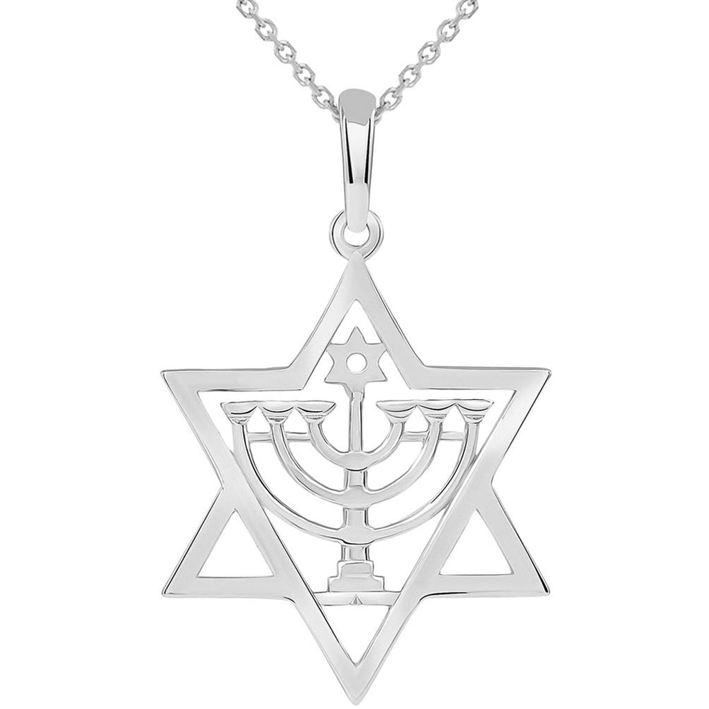 Solid 14k White Gold Jewish Star of David with Menorah Pendant Necklace