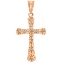 Load image into Gallery viewer, Products High Polished 14k Rose Gold Textured Star Cut Religious Cross Pendant Necklace with Rolo Cable Chain

