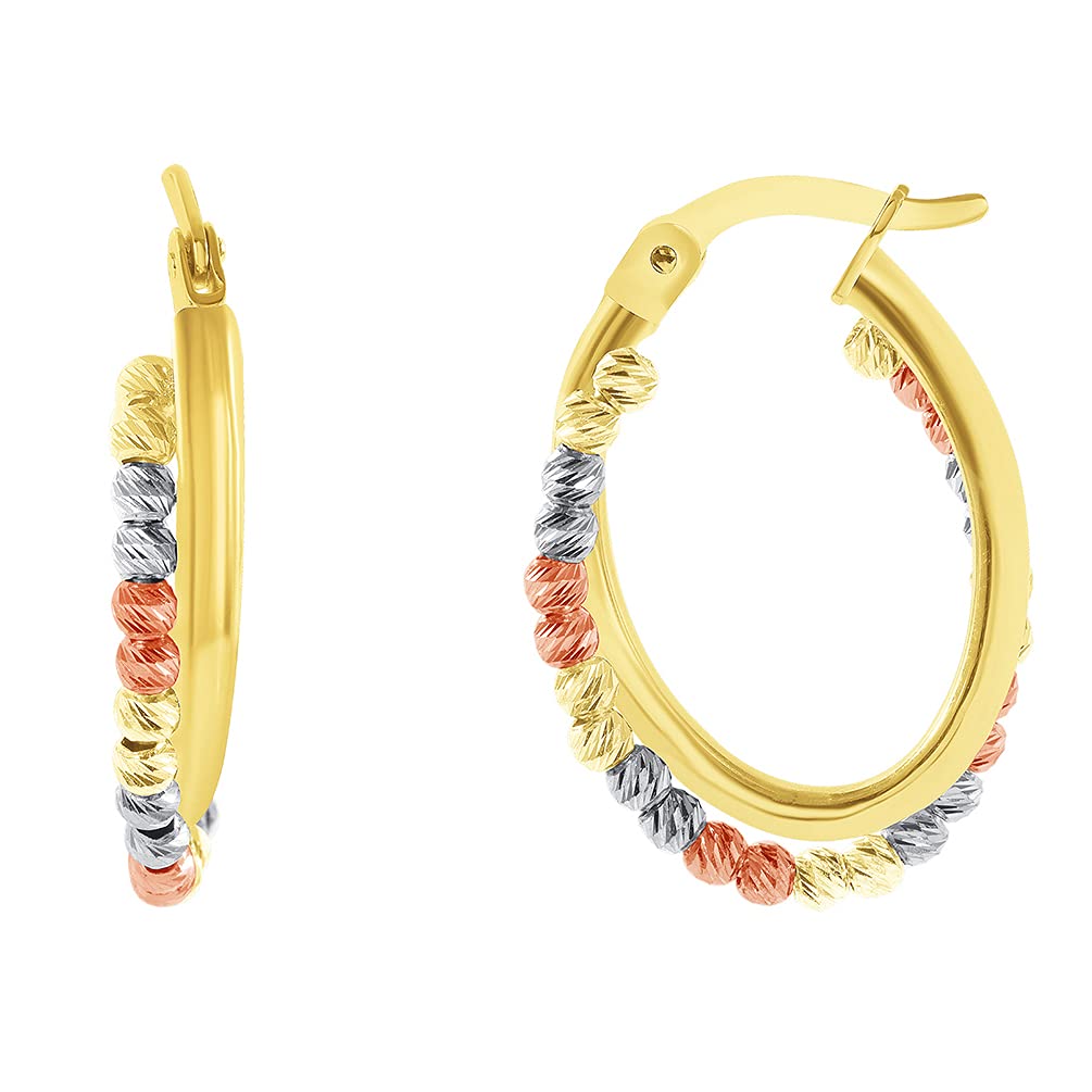 14k Tri-Color Gold Oval Beaded Twist Double Hoop Earrings with Hinged Snap Back