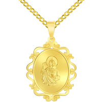 Load image into Gallery viewer, 14k Yellow Gold Elegant Ornate Miraculous Medal of Saint Jude Thaddeus the Apostle Pendant with Cuban Chain Curb Necklace
