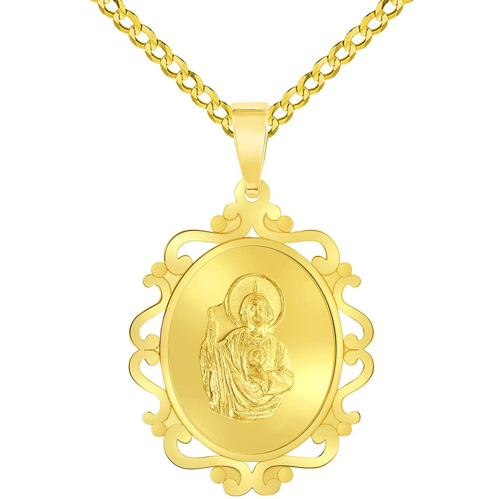 14k Yellow Gold Elegant Ornate Miraculous Medal of Saint Jude Thaddeus the Apostle Pendant with Cuban Chain Curb Necklace