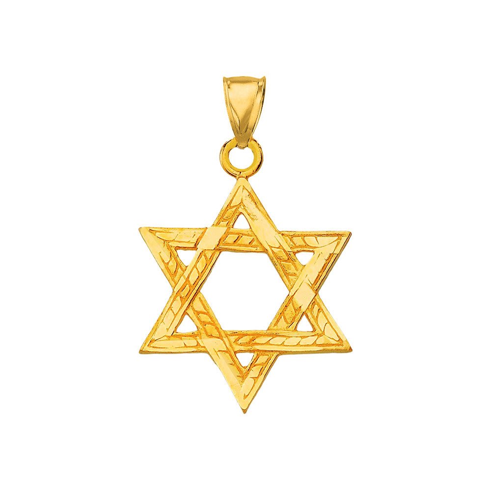 Solid 14k Yellow Gold Textured Star of David Charm Jewish Pendant